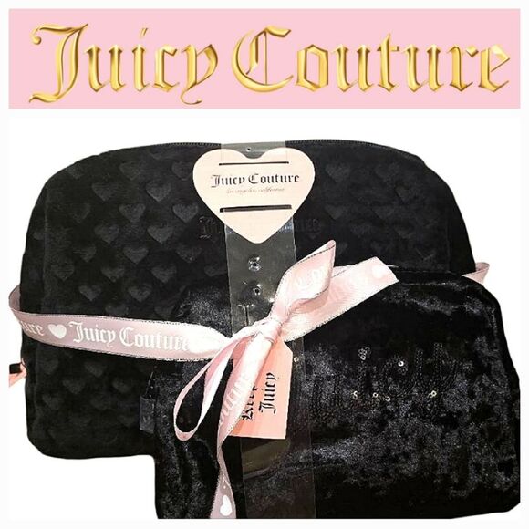 Juicy Couture Signature Logo Heart Embossed 2-PC Velour Travel Cosmetic Bag Set - Picture 1 of 9